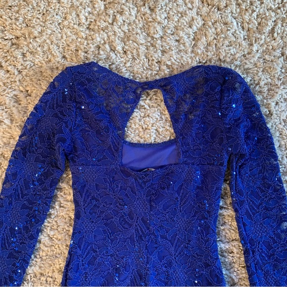 Le Chateau Cobalt Blue Sequin Lace Long Sleeve Cocktail Dress Size XS NWT - Picture 8 of 10
